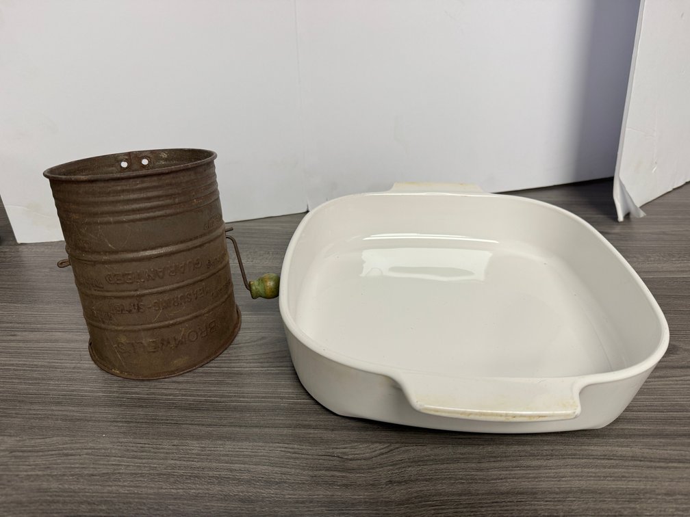 Vintage Bromwell metal Sifter, casserole dish - possibly Corning