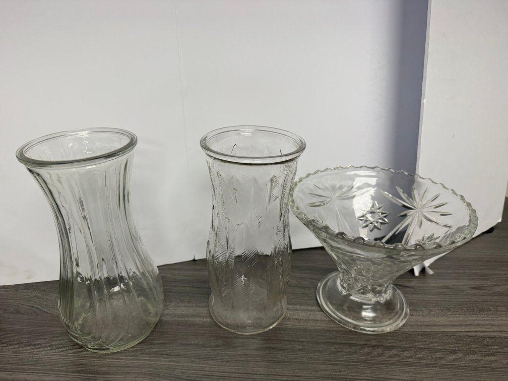 3 E.O. Brody Co. clear glass vases