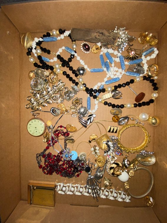 Flat of costume jewelry, pocket watch, misc.