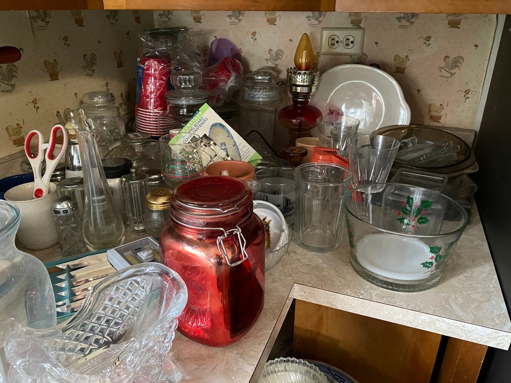 Glass, misc. items on counter