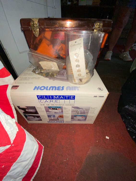 Sewing box with contents, Holmes air cleaner-appears to be new in box
