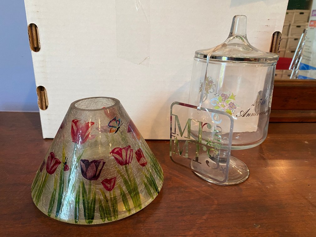 Hand painted lamp globe, footed jar with lid