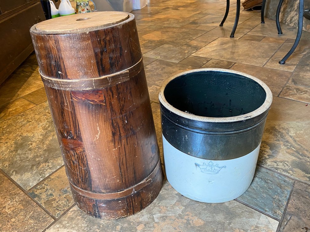 3 Gallon Crown crock, wooden churn