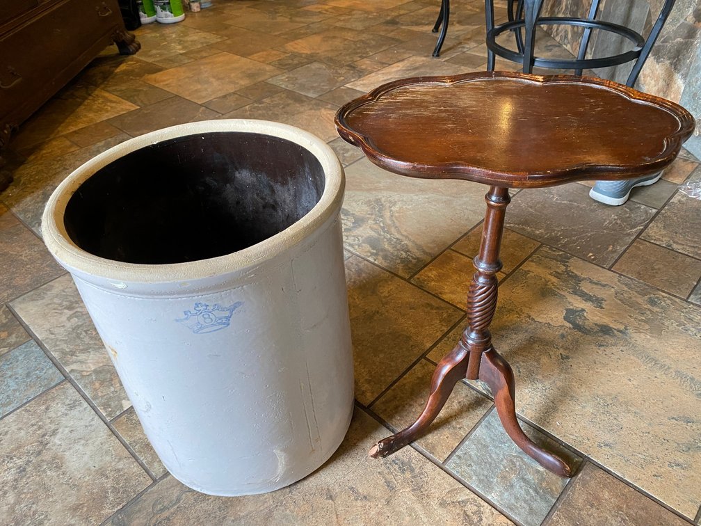 Candle table, 8 gallon Crown crock