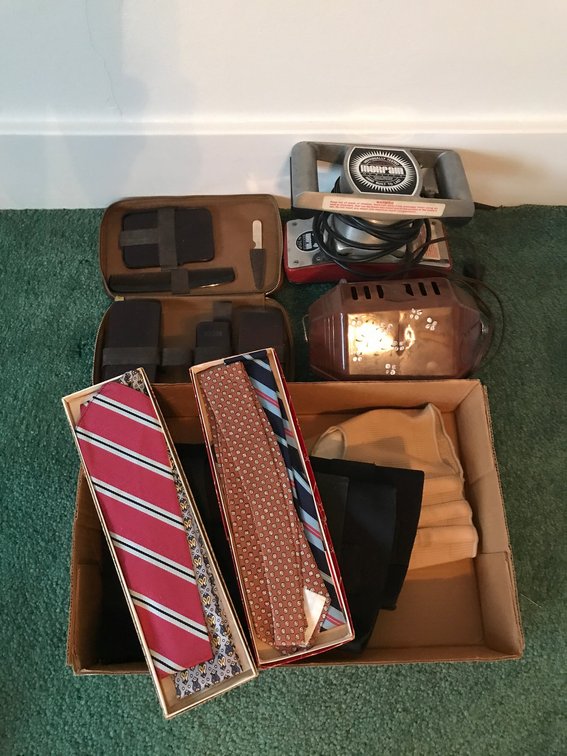 Massager, bed light, neckties, misc.