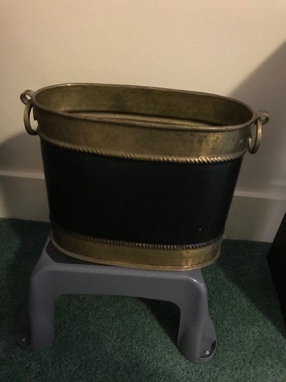 Brass trash can, little step stool
