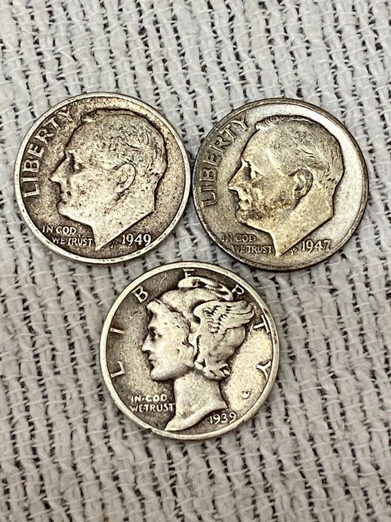 1939 Mercury Dime, 1947 Roosevelt Dime, 1949 Roosevelt Dime