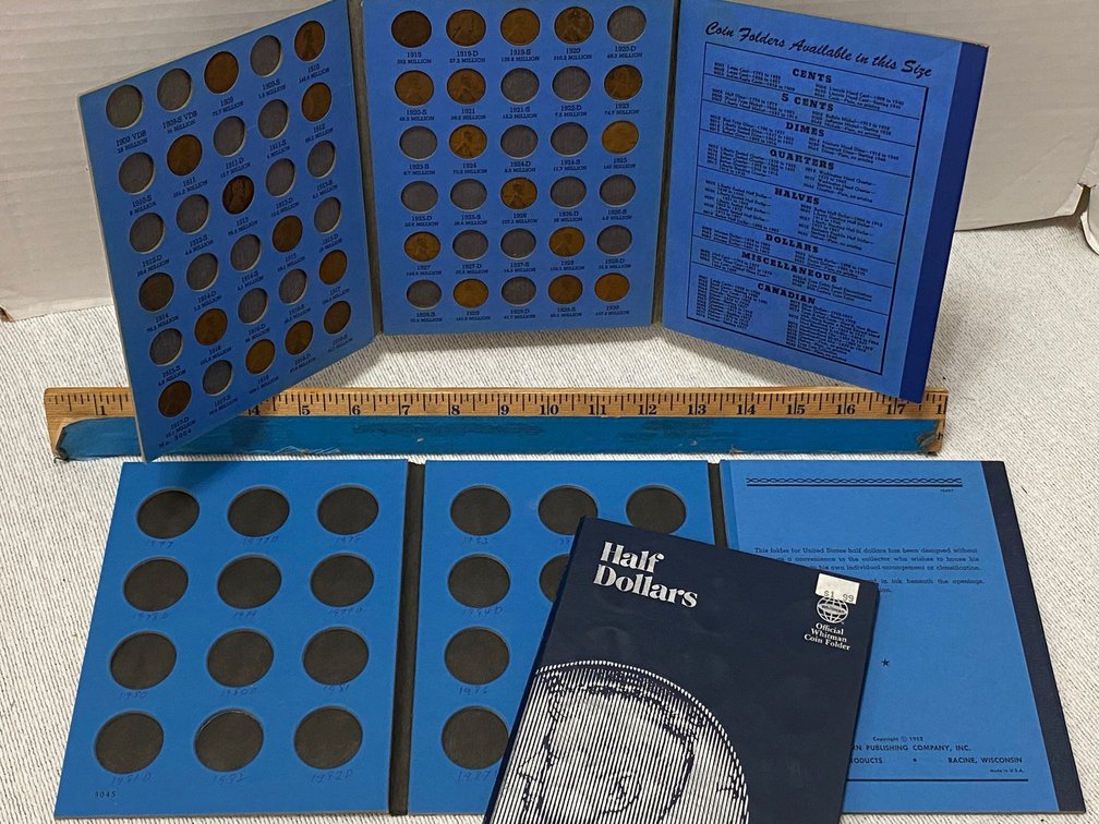 2-Half Dollar Coin Books -Empty, Lincoln Head cent Book Does have Pennies