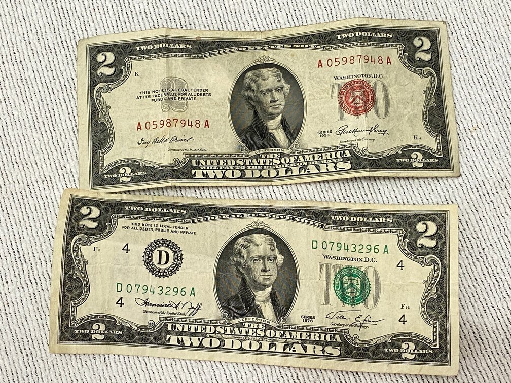 1-1953 Red Seal 2 Dollar Bill, 1-1976 2 Dollar Bill