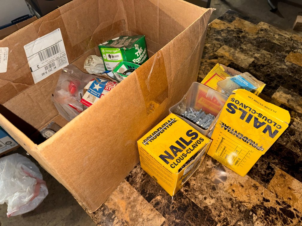 Box of misc. nails and screws and more