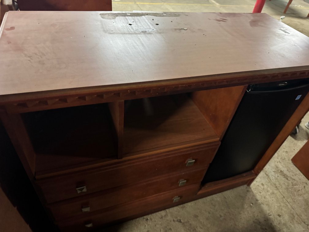 Wooden 3 drawer TV stand with mini fridge included