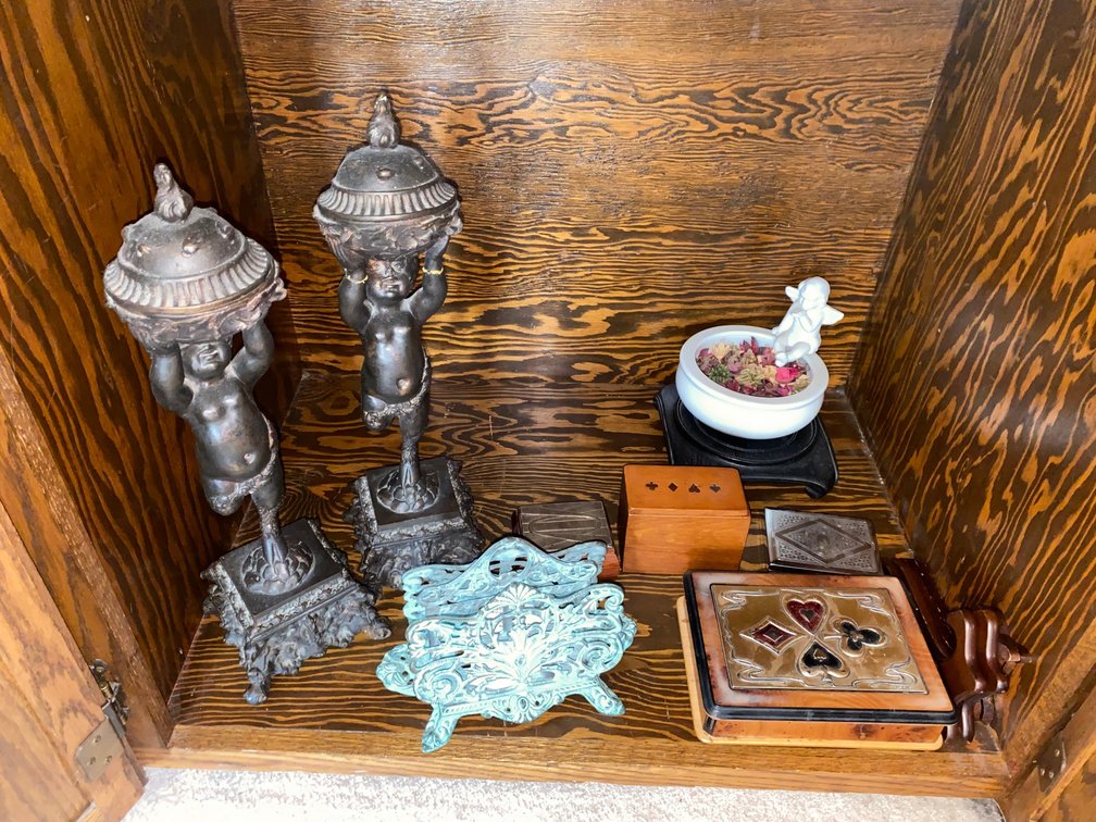 Metal Sculptures, Metal Napkin Holder, Small Wooden Storage Boxes
