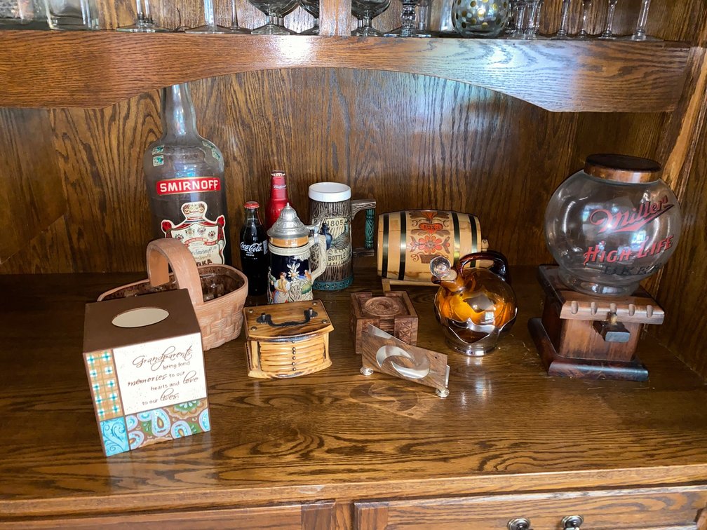 Steins, Large glass Smirnoff Bottle, Decanter, Miller High Life Peanut Dispenser
