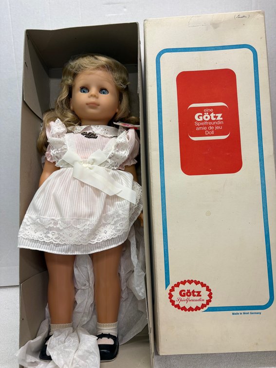 Gotz vinyl and cloth with record player in body with box
