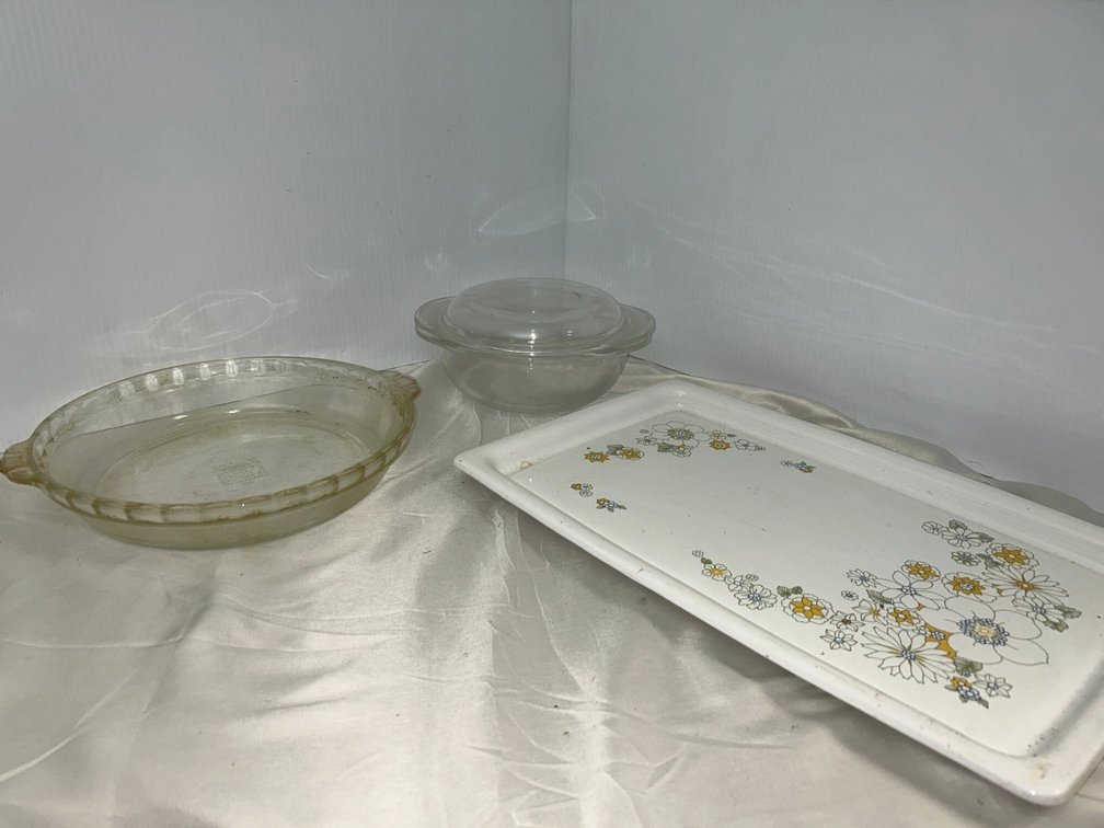 Pie pan, covered casserole, and CorningWare platter