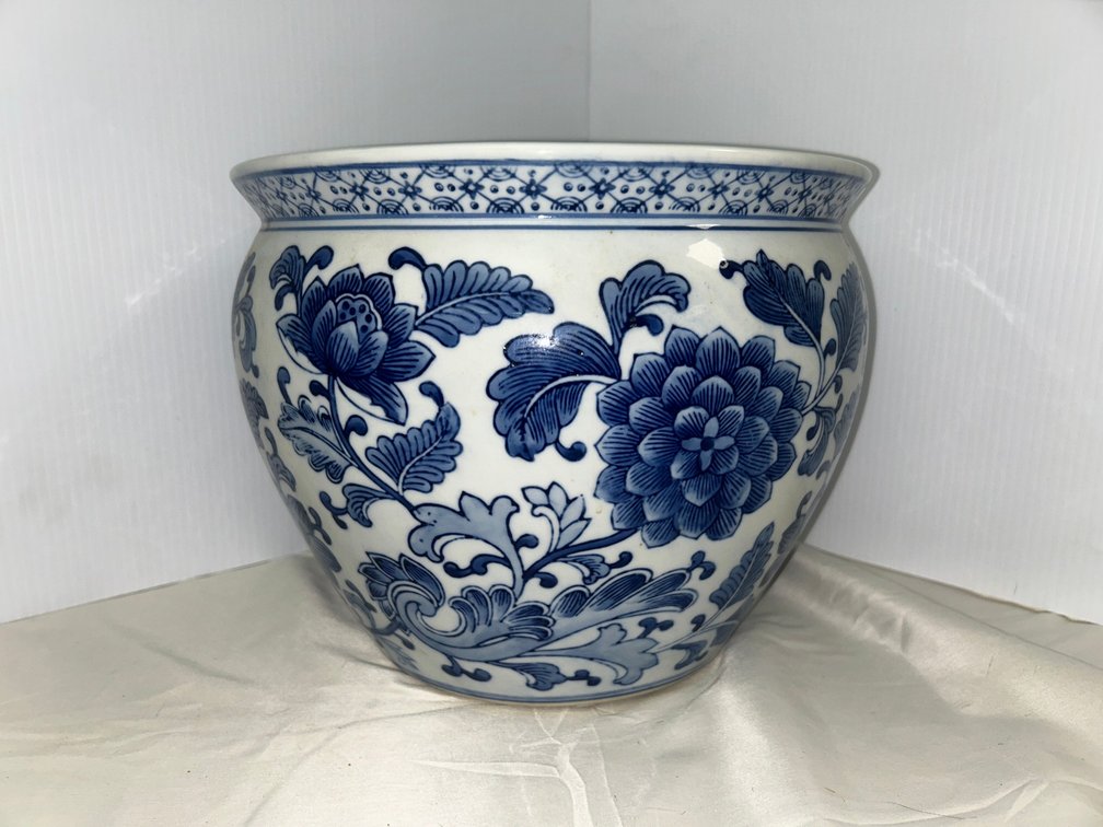 Blue and white decorated planter
