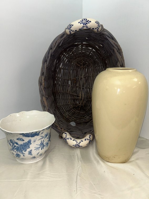 Large vase, woven basket with blue and white handles, and blue and white
