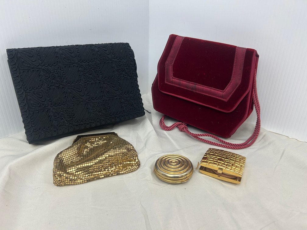 Ladies' evening bags including red velvet and gold bags, plus two compacts