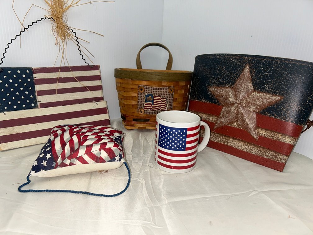 Americana items including baskets, cups, and wall decorations