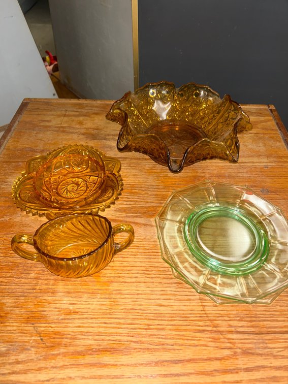 Bowl, sugar, and two small green Depression-glass plates