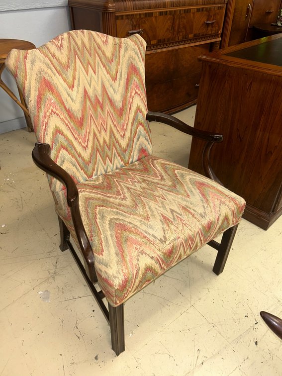Flame-stitch fabric chair by Hickory Chair Company
