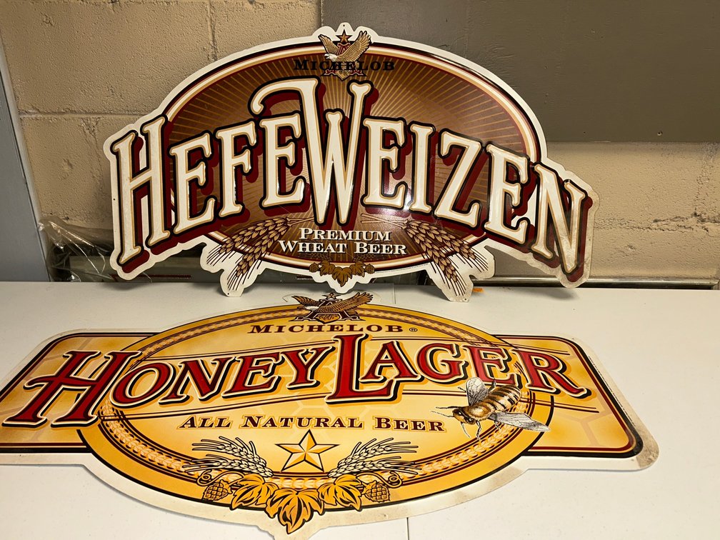 Hefeweizen sign and Honey Lager by Michelob sign by Anheuser-Busch