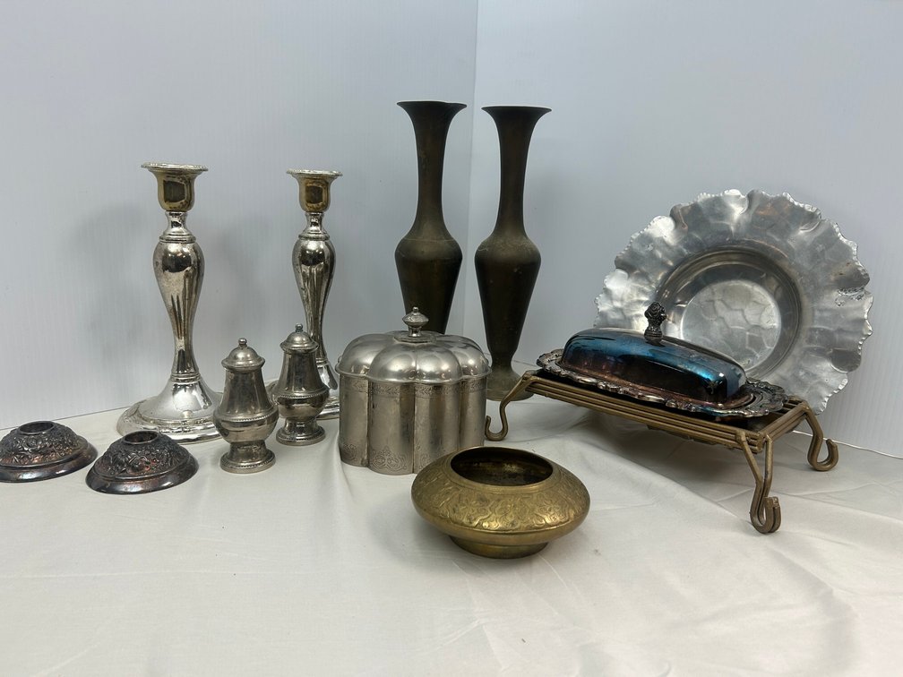 Silver-plate covered butter dish, brass-like small bowl, and trinket box