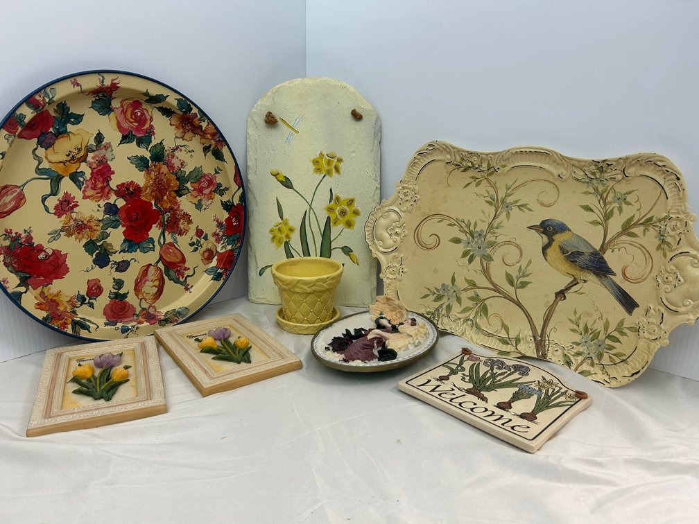 Decorative painted bird platter, floral platter, and small yellow McCoy