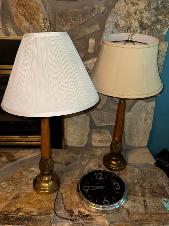 Two Vintage Stiffel Brass Table Lamps & Clock