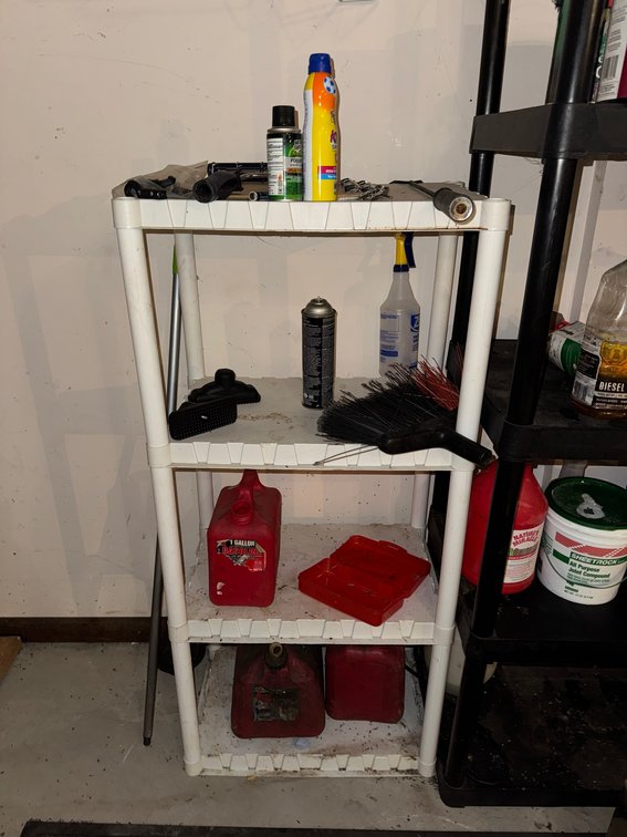 4-Tier White Plastic Utility Shelf with Contents