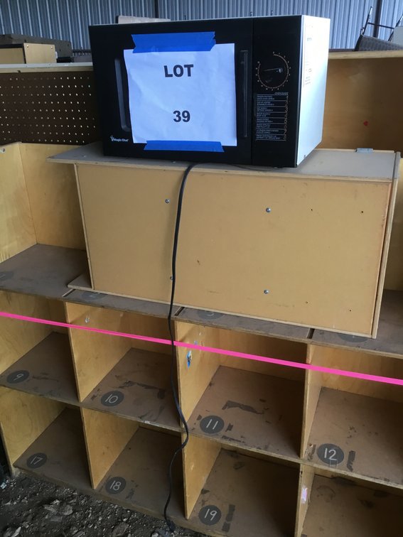 Bookshelves, Small Wagon, and Microwave