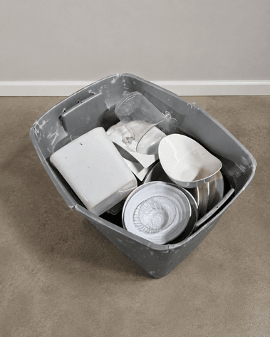 Image for Assorted White China Plates, Bowls & Serving Pieces with Storage Tub