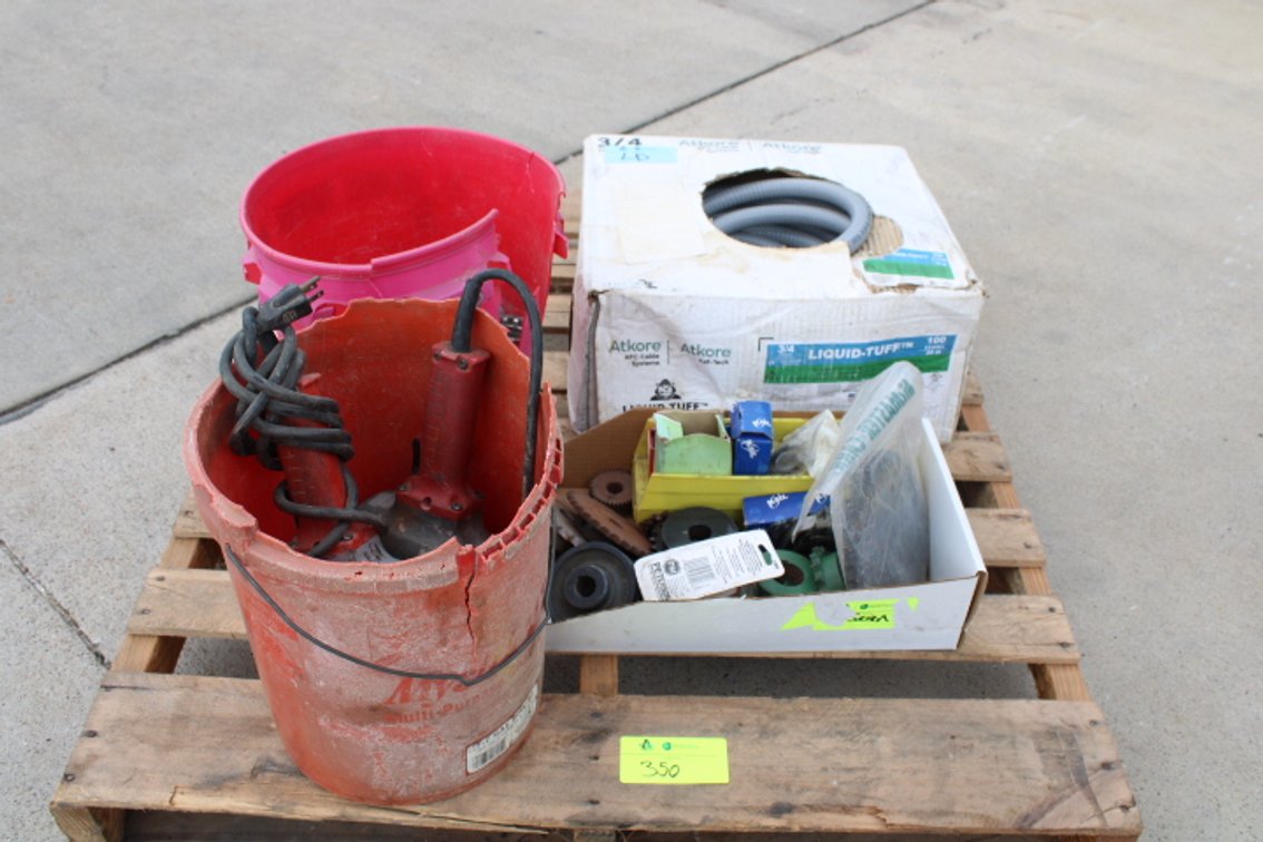 Pallet of Assorted Gears, Milwaukee Right-Angle Drills & Electrical Supplies