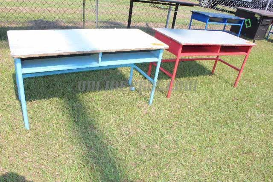 (Lot) Double Open Front Student Desks With Metal Base