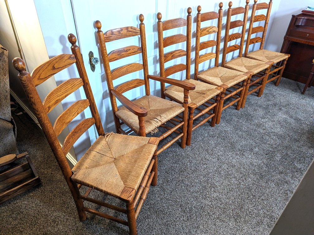 Six Oak Ladder Back Dining Room Chairs 