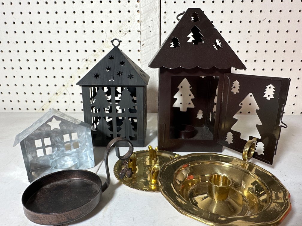 Reticulated Steel Lantern and Brass Candlestick Collection 