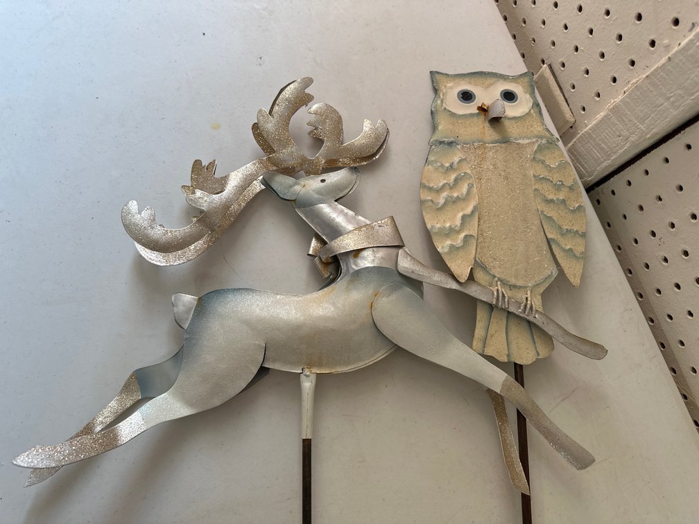 Pressed Metal Reindeer and Owl Garden Stakes 