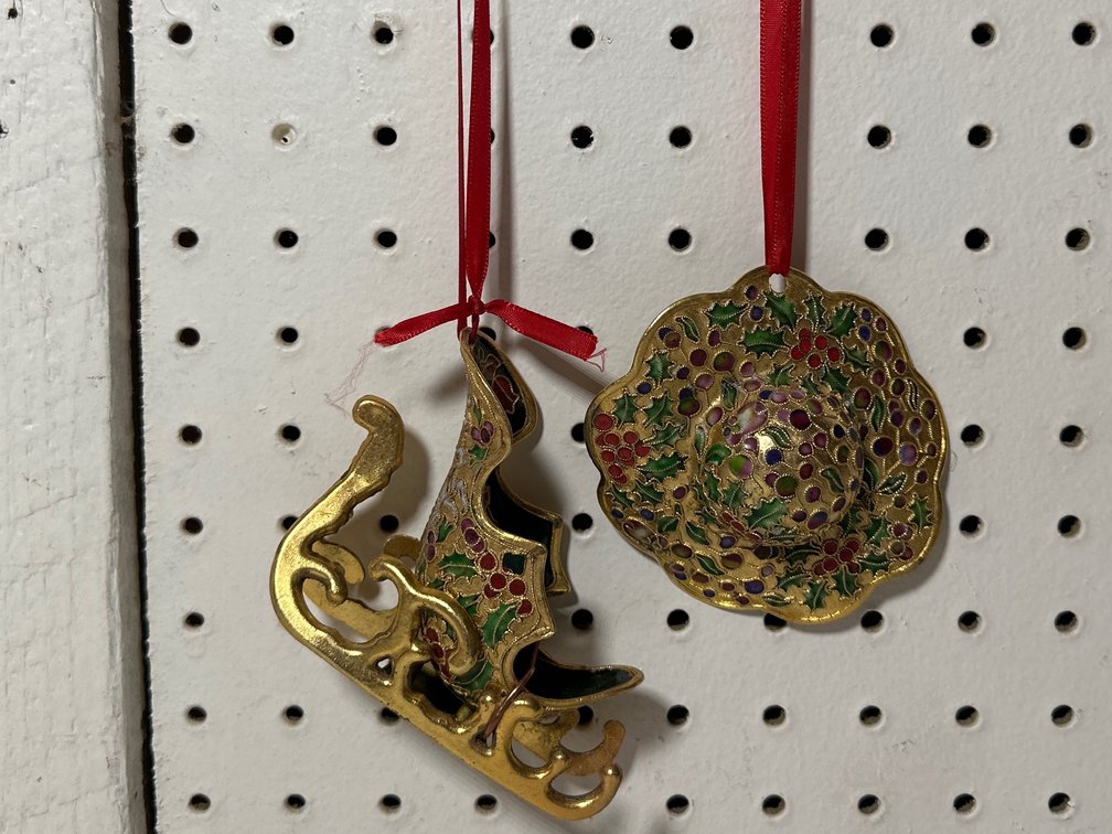 Ornate Enamel and Brass Sleigh and Hat Ornaments 