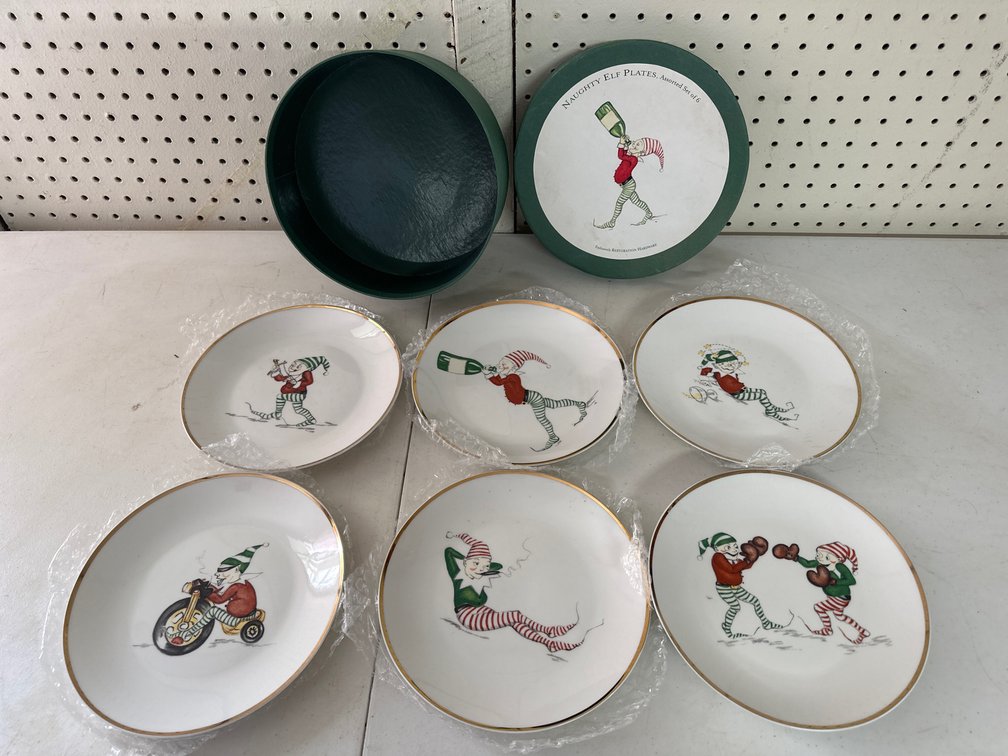 Restoration Hardware Naughty Elf Porcelain Collectible Plates and Tin 