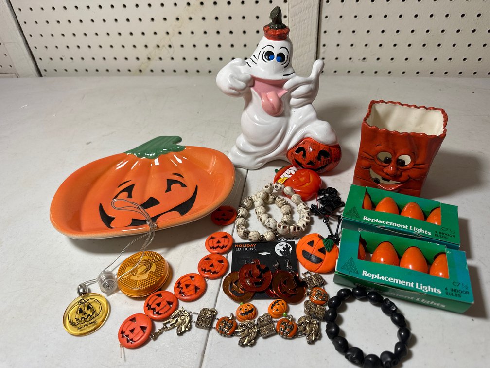 Halloween Beaded Costume Jewelry and Ceramic Figures 