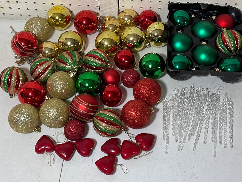Glitter and Heart Christmas Ornaments and Plastic Icicles 