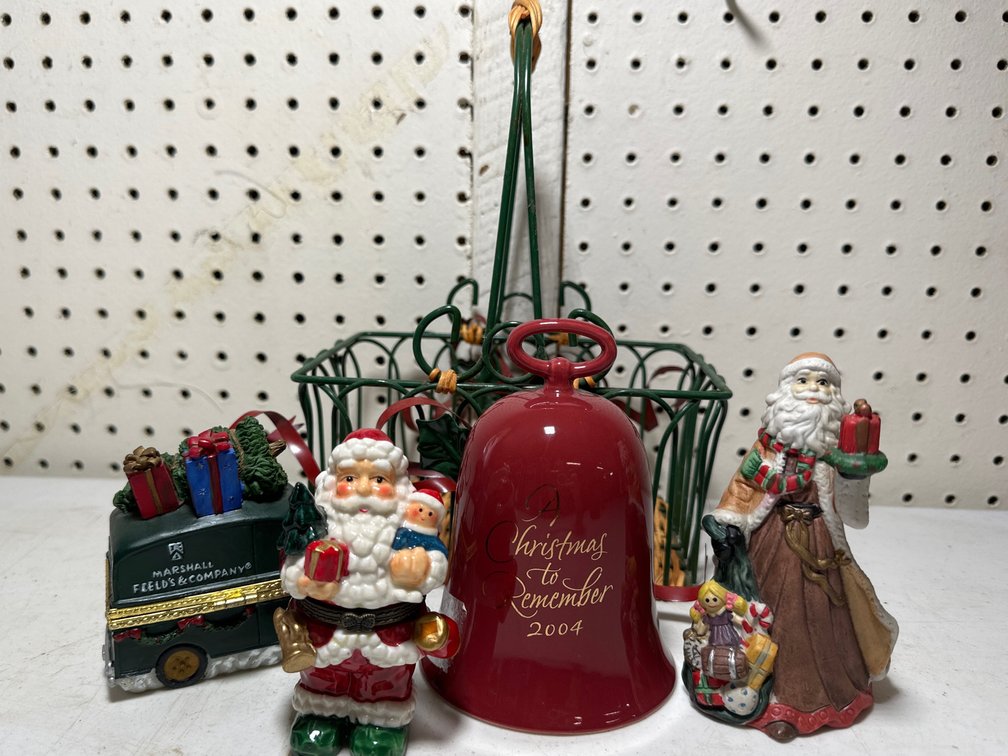 Ceramic Christmas Bells, Trinket Boxes, and Wire Basket 