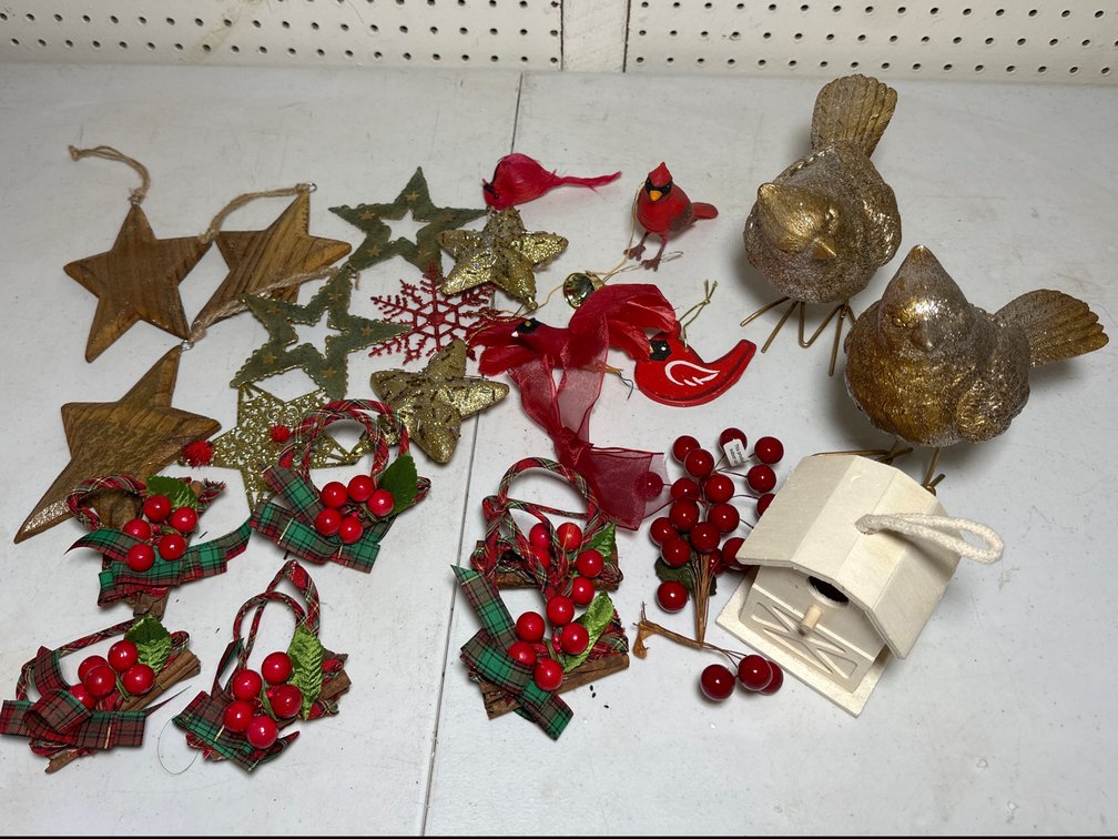 Gold Star Christmas Ornaments and Holly Napkin Rings 