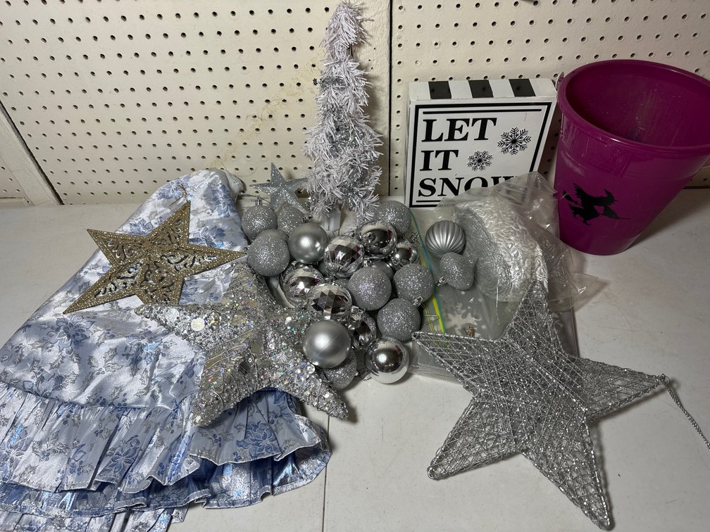Silver Glitter Christmas Ornaments, Star Topper, and Tree Skirt 
