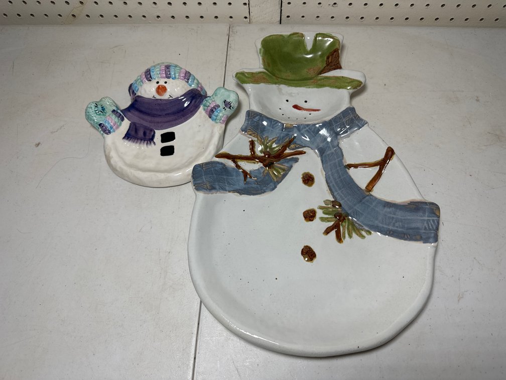 Two Ceramic Snowman Party Serving Platters 