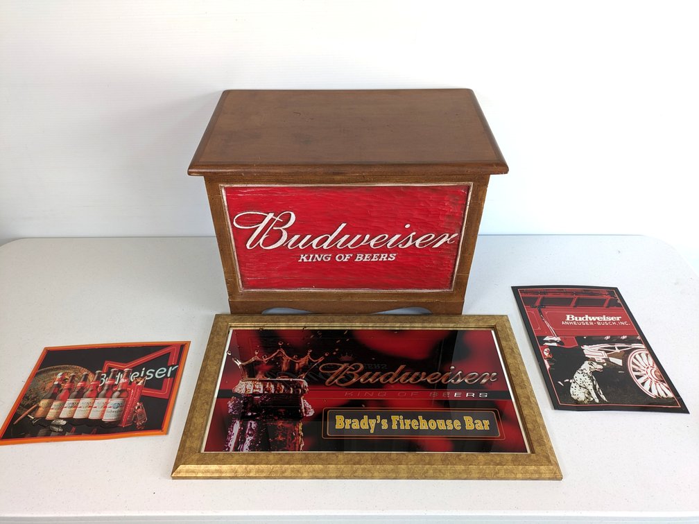 Budweiser Wood Chest And Three Signs