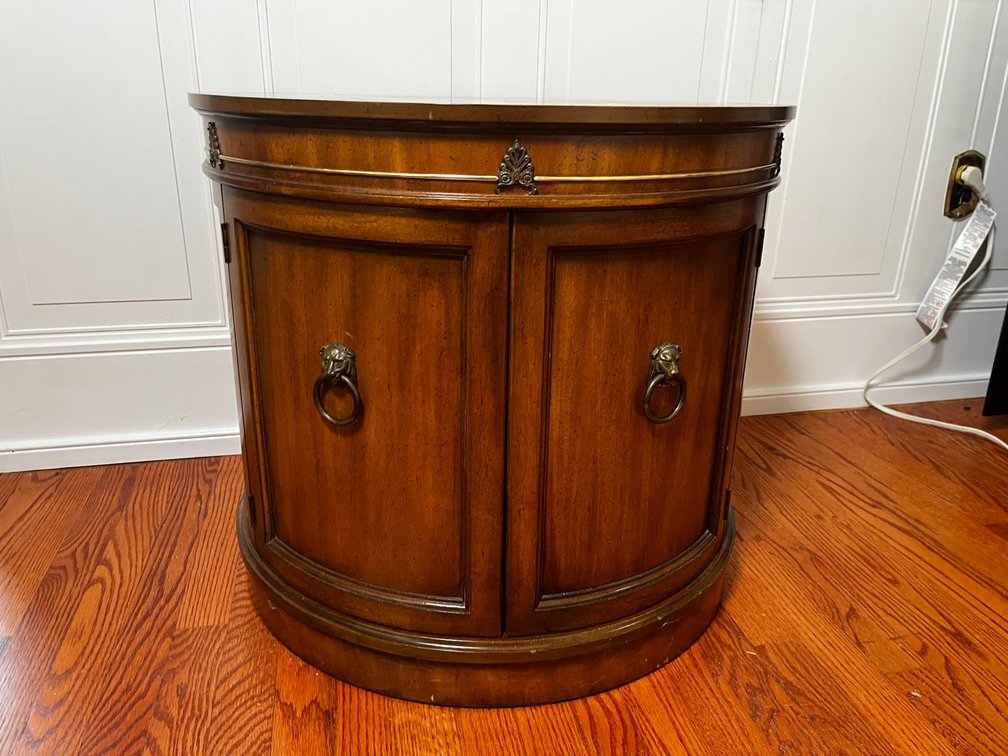 Round Wood Veneer Drum Cabinet Table with Lion Head Pulls