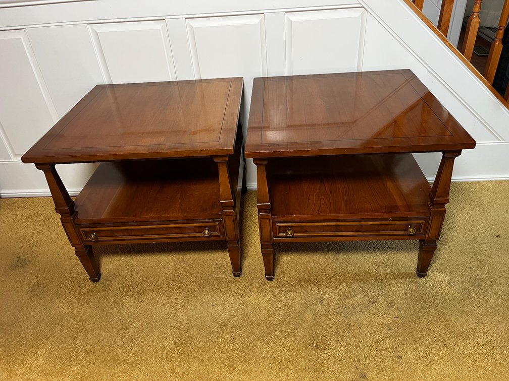 Pair of Wooden Two-Tier End Tables with Inlay Detail