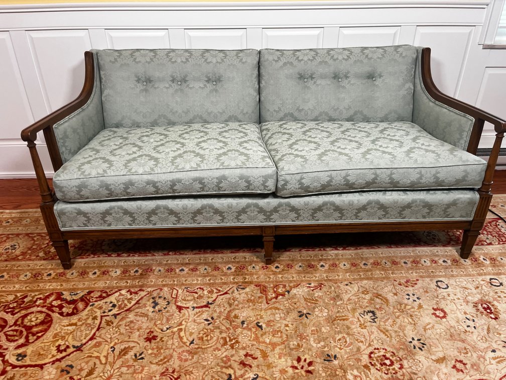 Damask Upholstered Settee with Turned Wood Frame