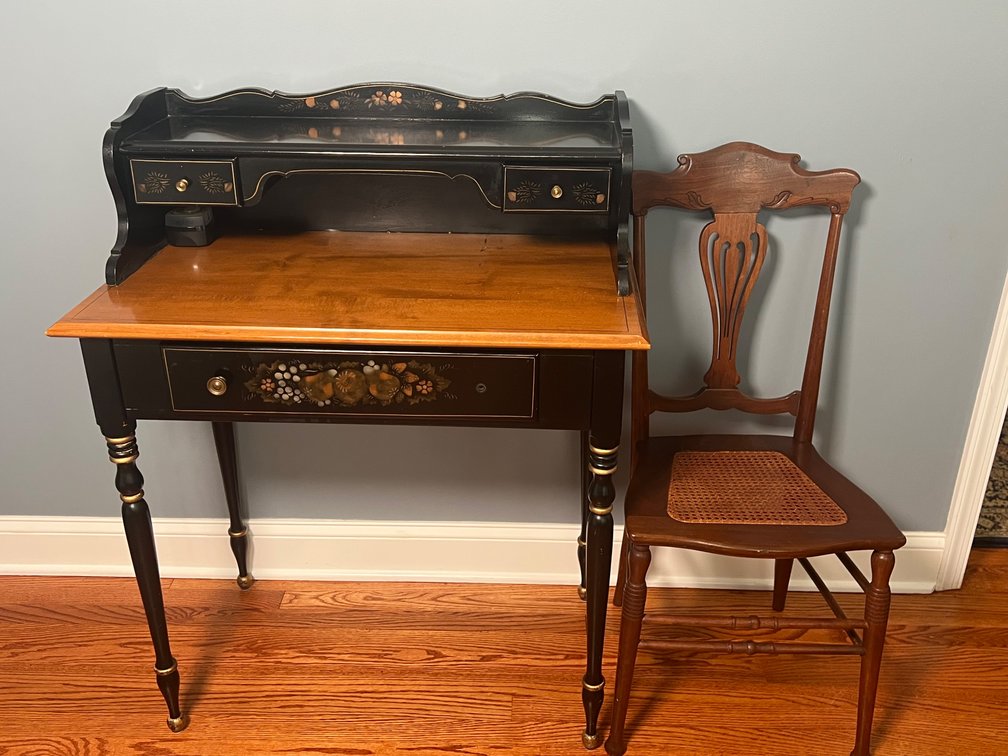 Black and Gold Painted Writing Desk and Cane Chair Set